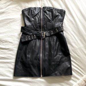 Black strapless fake leather dress with belt